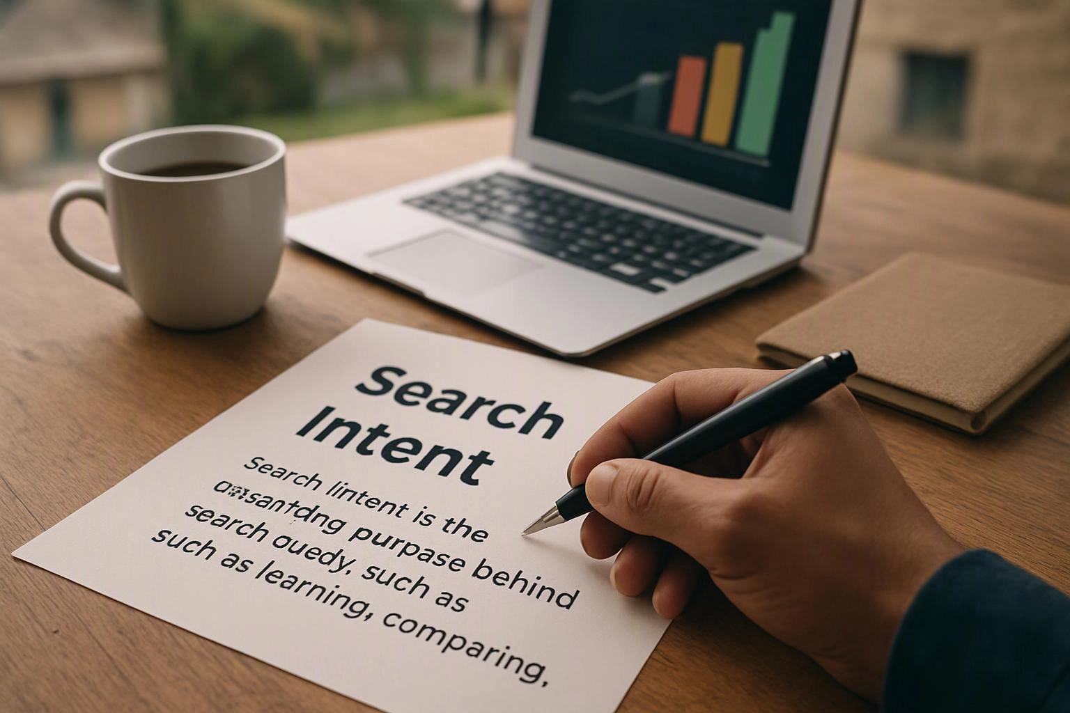 A hand writes on a paper titled Search Intent beside a laptop, coffee mug, and notebook on a wooden desk