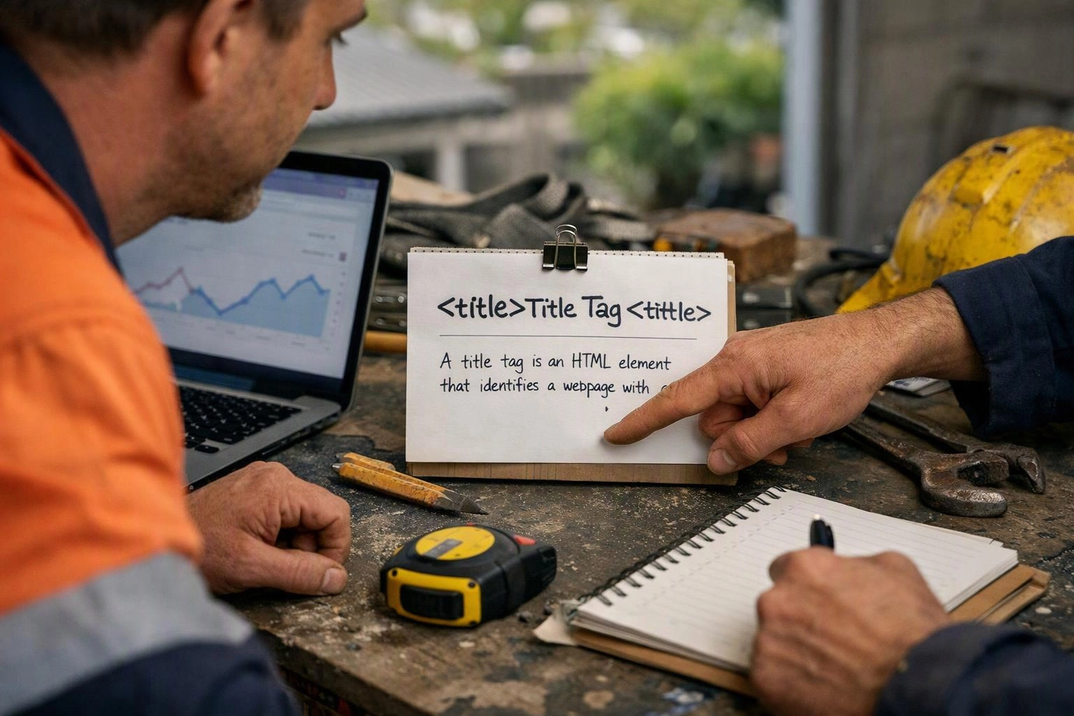 Two workers study a handwritten title tag note beside a laptop on a cluttered workbench