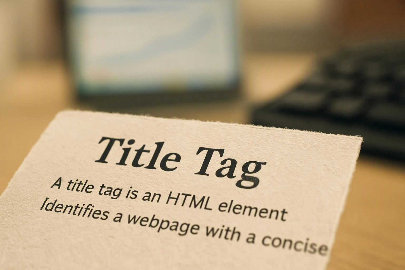 A printed card titled “Title Tag” explains an HTML element on a desk with a blurred computer keyboard behind it