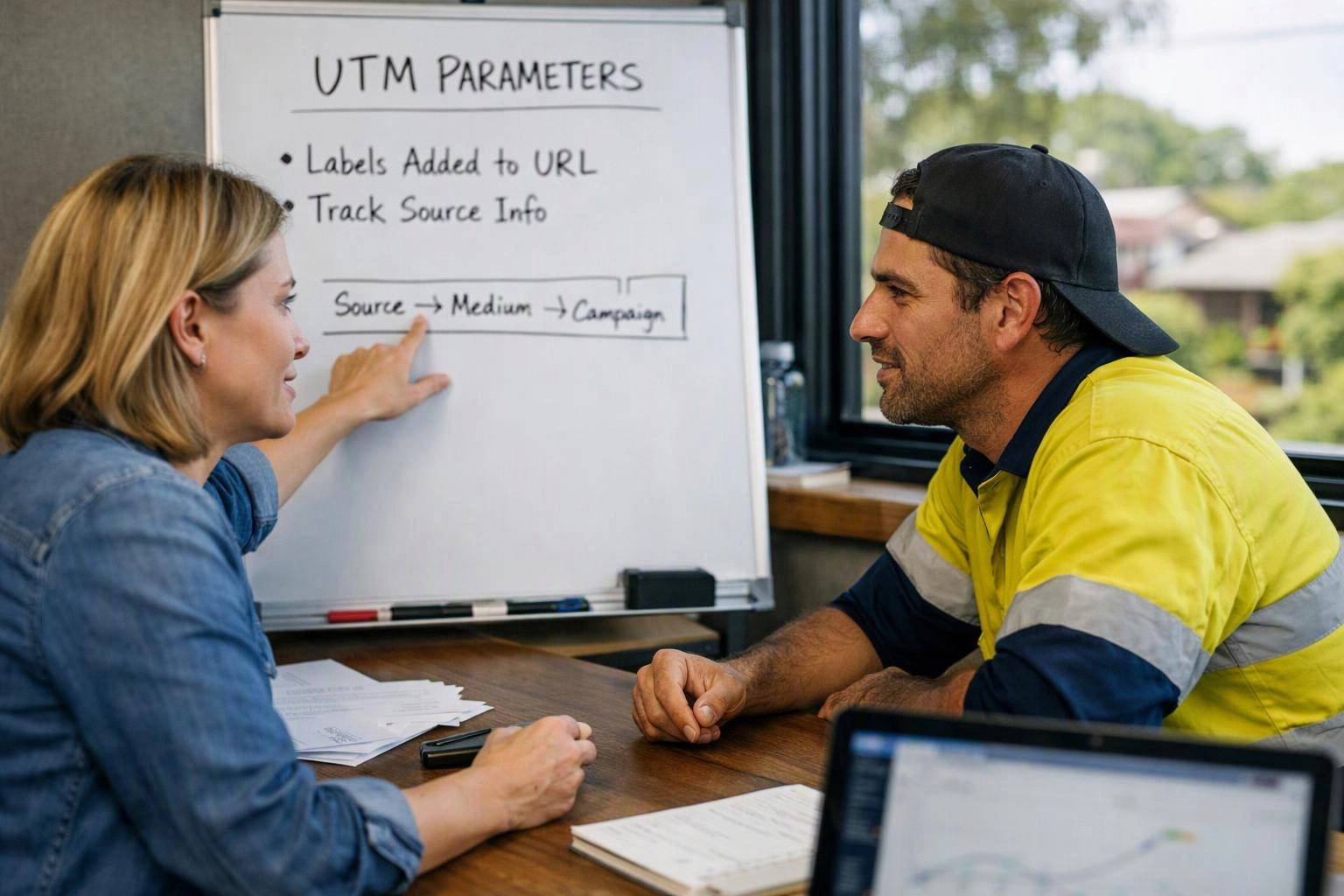Two coworkers talk at a desk beside a whiteboard labeled “UTM PARAMETERS” and “Source → Medium → Campaign”