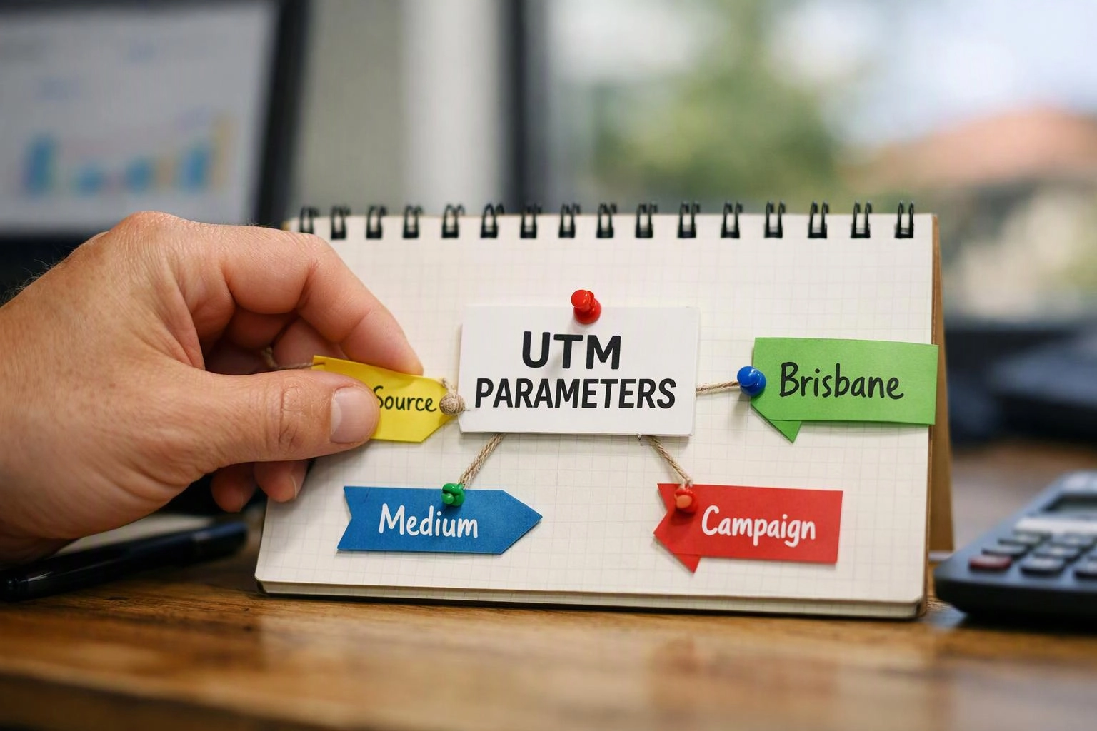 A hand points to a notebook diagram labeled UTM PARAMETERS with colored tags for Source, Medium