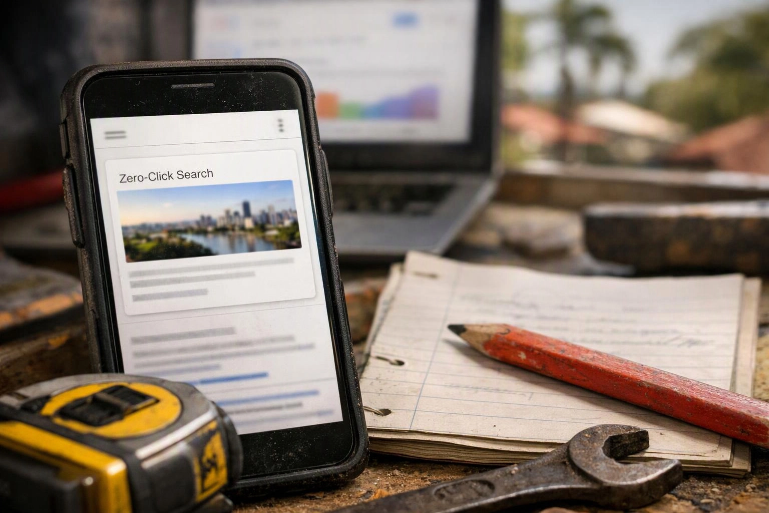 A smartphone shows a search page beside a laptop, notebook, pencil, tape measure, and wrench on a workbench