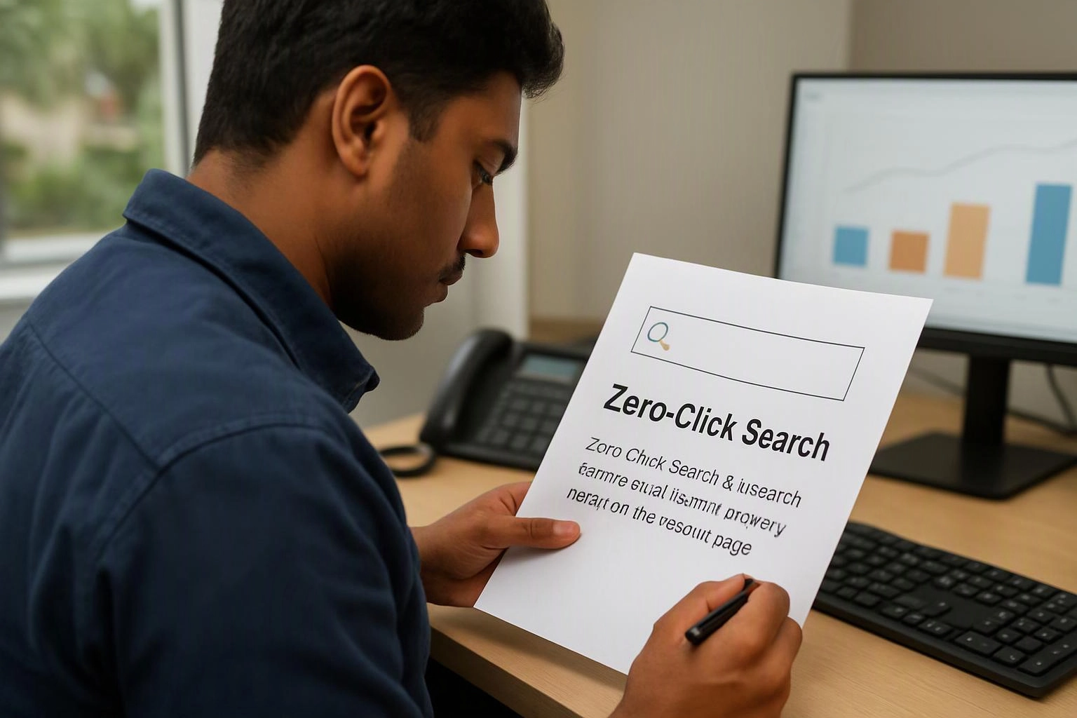 A man studies a paper titled “Zero-Click Search” beside a computer monitor in an office