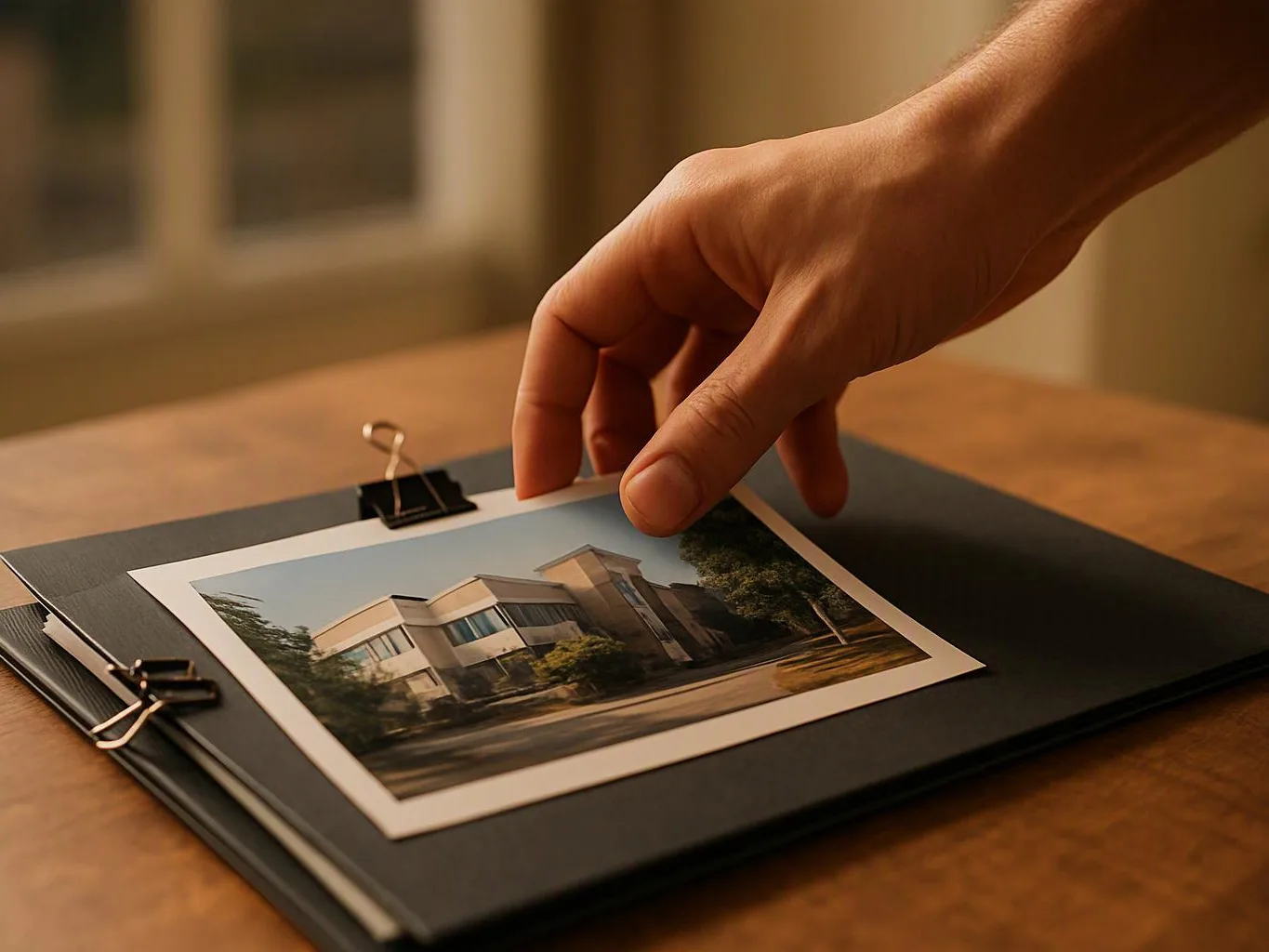 A hand lifts a photo of a modern house from a binder on a wooden table