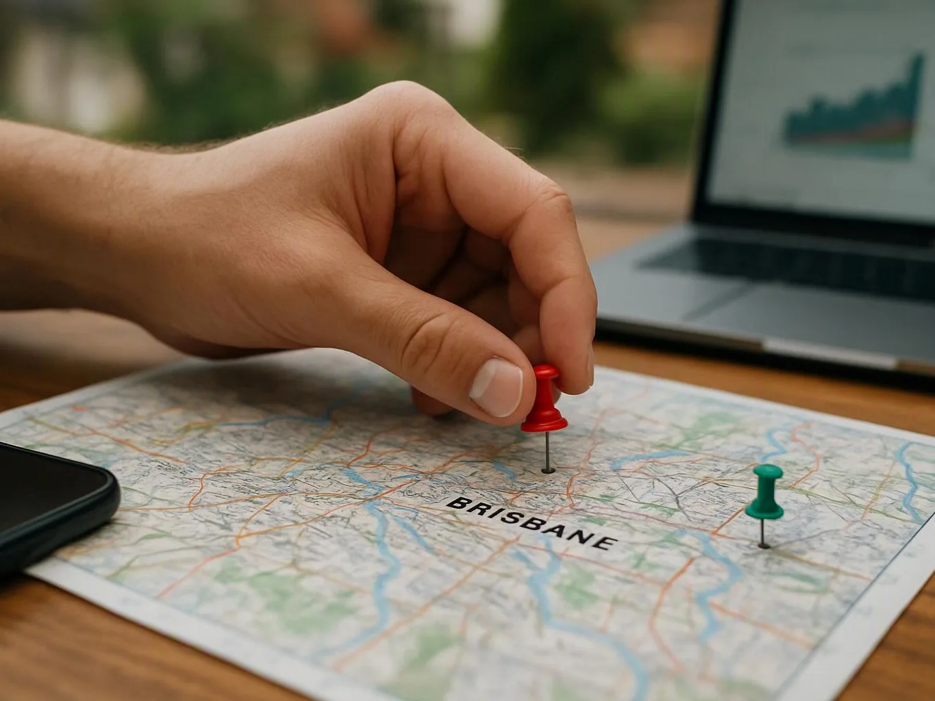 A hand places a red pushpin on a map beside a laptop and phone on a table