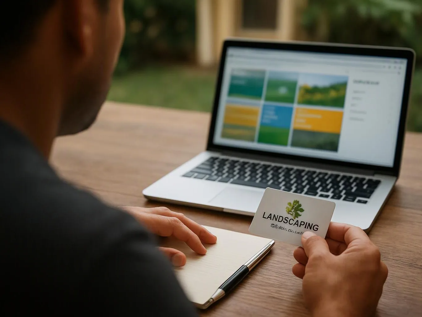 A person studies a laptop while holding a landscaping business card at a wooden table