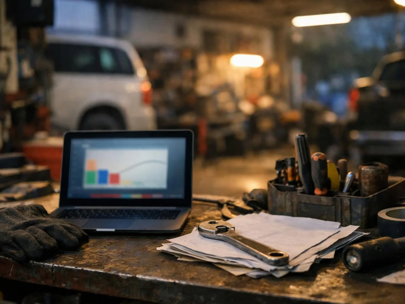 A laptop, gloves, papers, and hand tools sit on a worn workbench in a garage with vehicles blurred behind them
