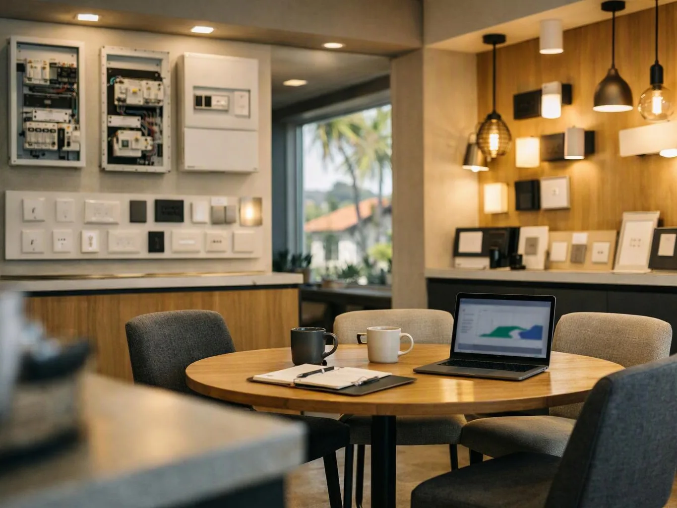 A laptop, notebook, and two mugs sit on a round table in a modern showroom with lighting displays and wall switches