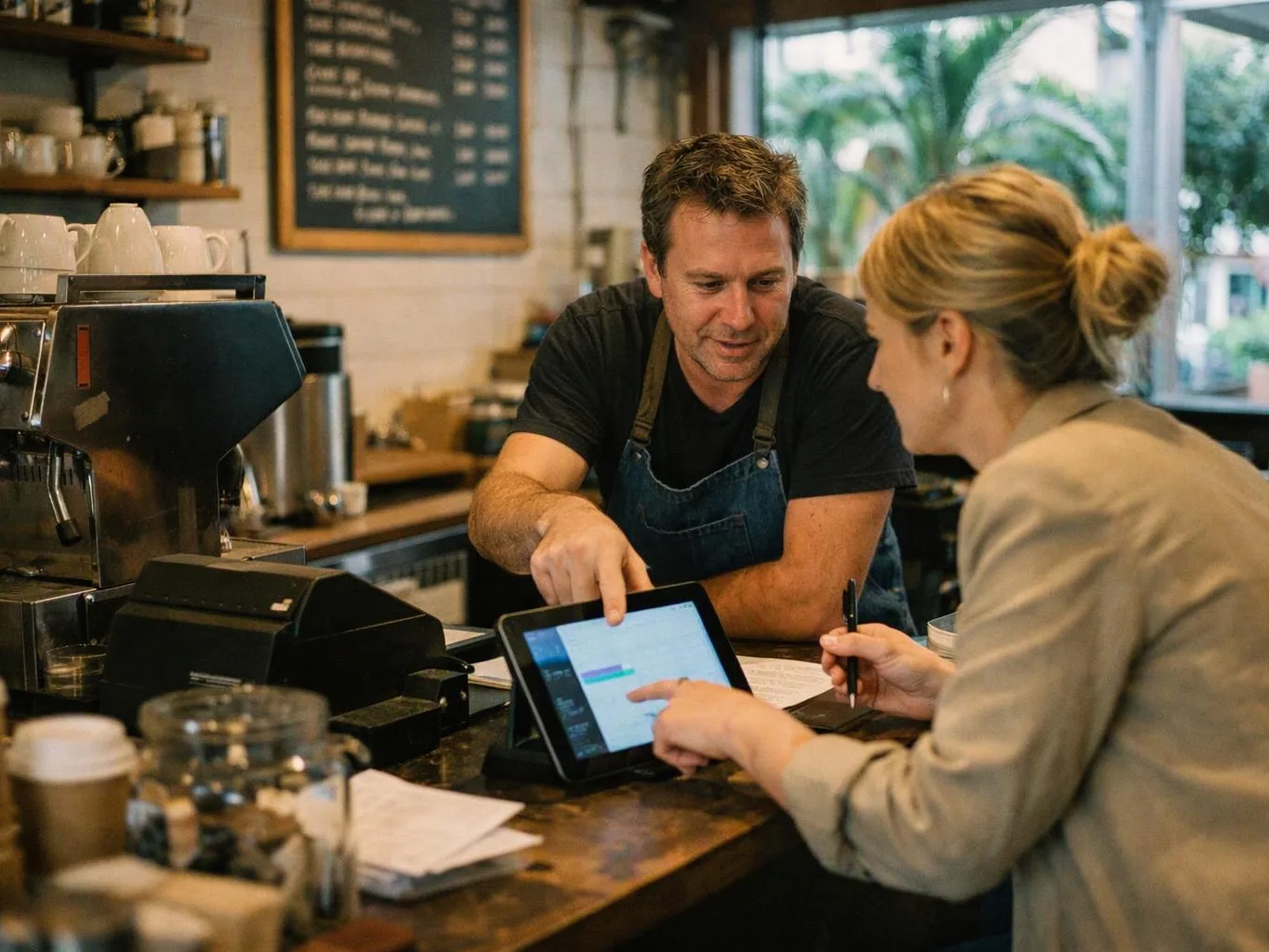 A man in an apron points at a tablet while a woman writes at a café counter