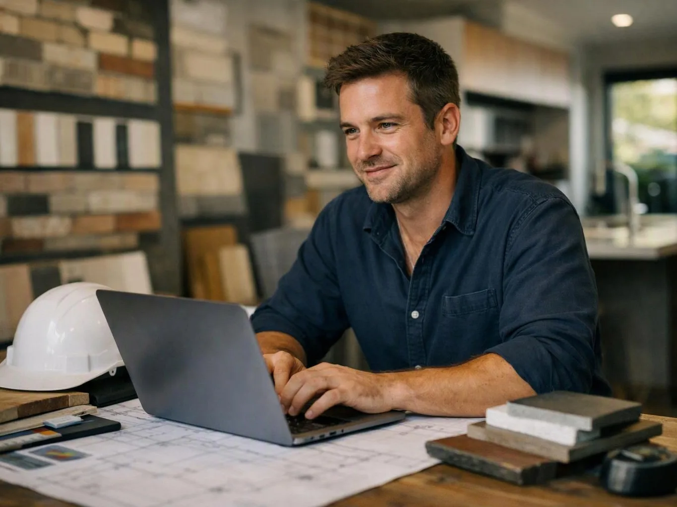 A man smiles while typing on a laptop beside a white hard hat and stacked samples at a worktable