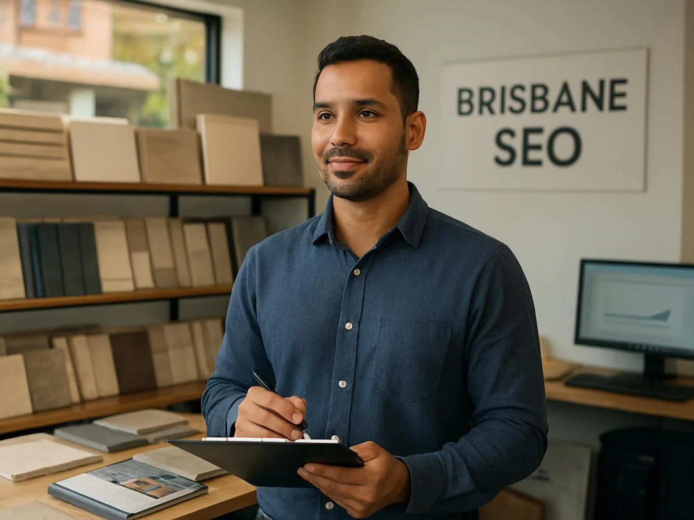 A man stands in a small office, holding a clipboard beside shelves of sample books and a monitor displaying a chart