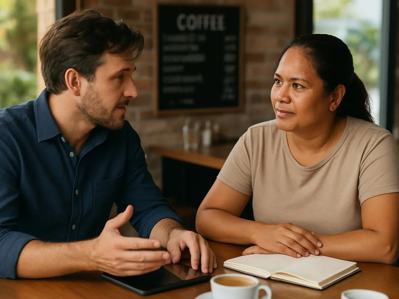 A man talks with a woman at a cafe table beside a notebook, tablet, and coffee cups