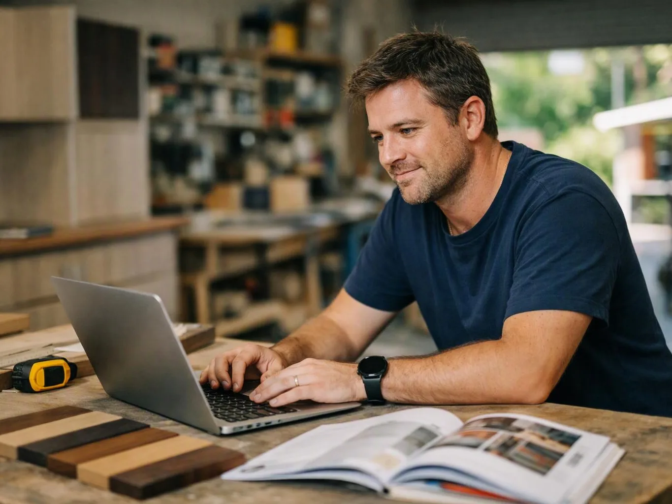 A man types on a laptop at a workbench with tools, wood samples, and an open magazine nearby
