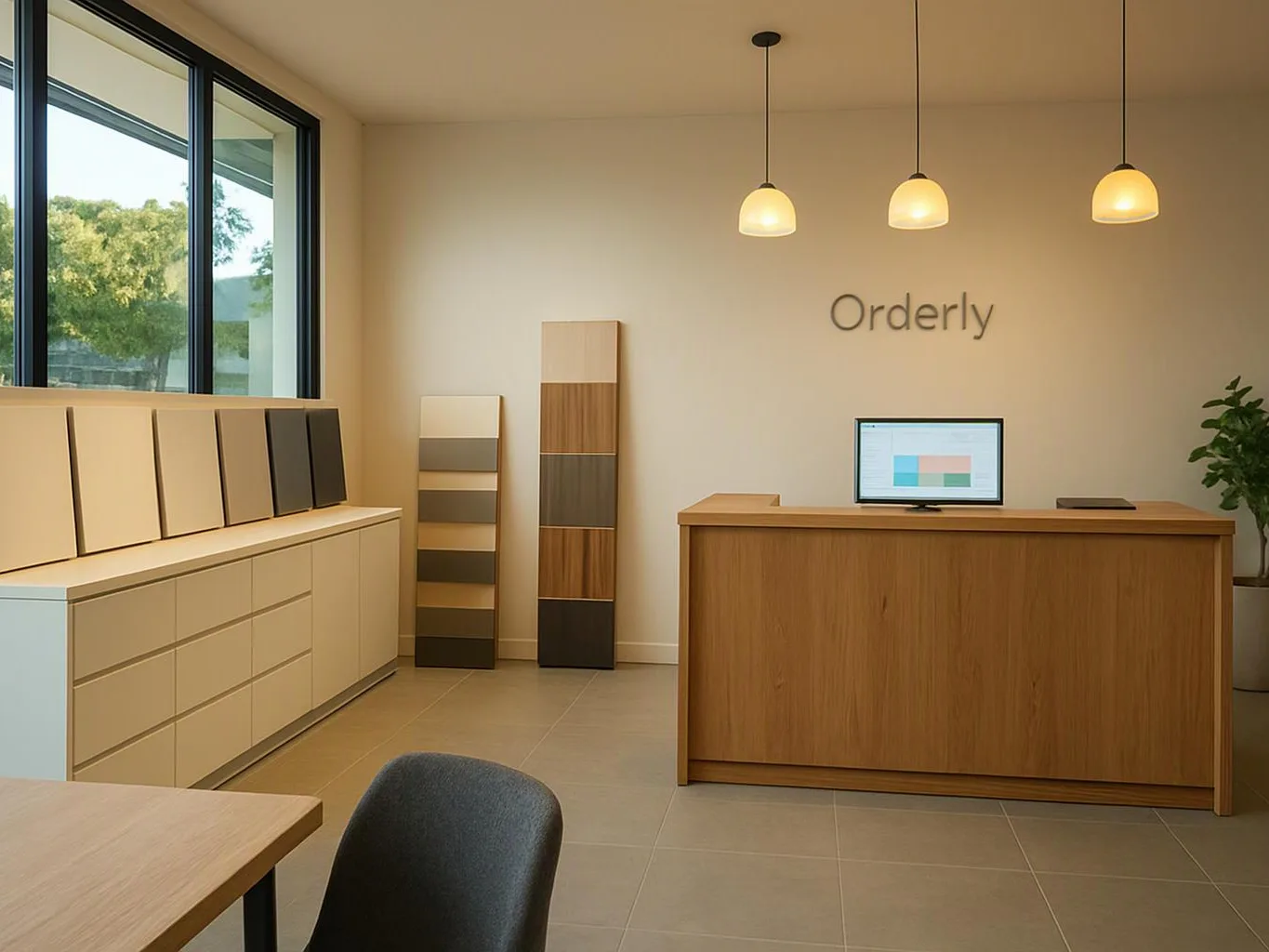 A minimalist showroom displays cabinets, color samples, a wooden desk, and pendant lights in a bright room