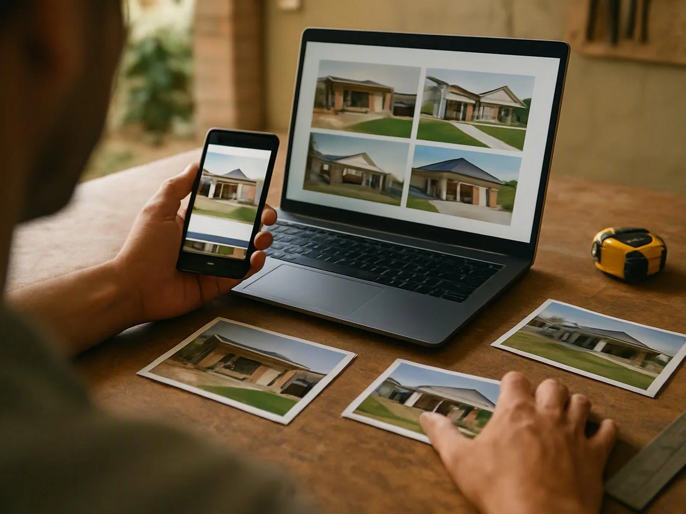 A person compares house photos on a laptop and phone while touching printed pictures on a table