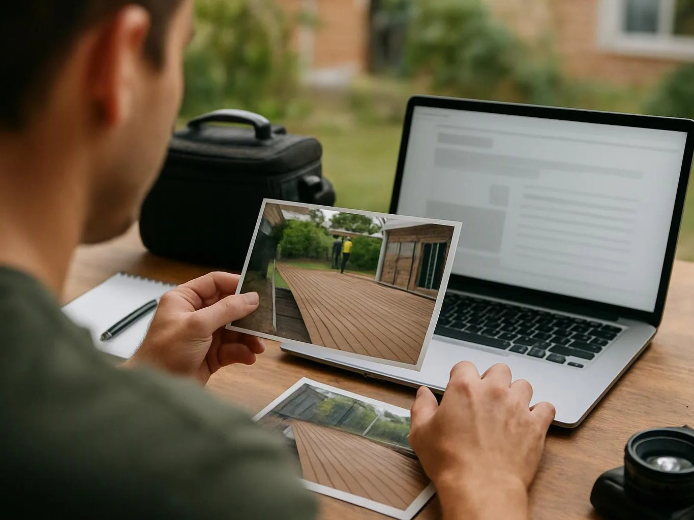 A person compares printed outdoor photos beside an open laptop on a wooden table
