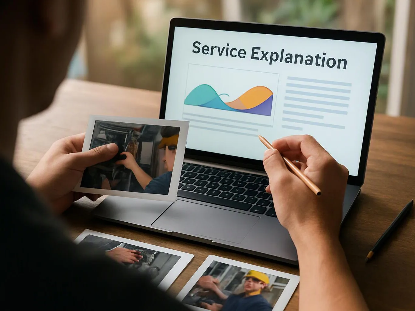 A person holds a photo and pencil beside a laptop showing “Service Explanation” with a colorful chart on screen