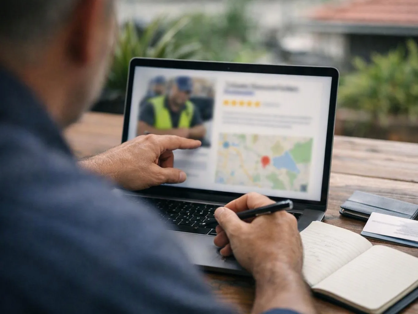 A person points at a laptop screen showing a blurred profile, star rating, and map on a wooden table