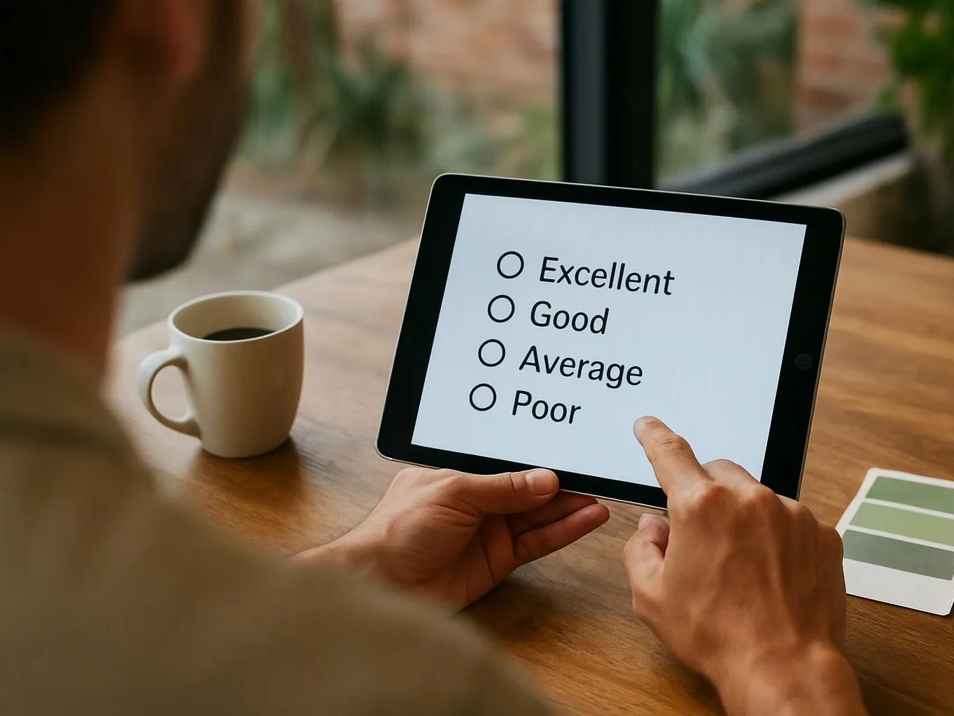 A person points at a tablet showing a four-choice rating list on a wooden table with a coffee mug