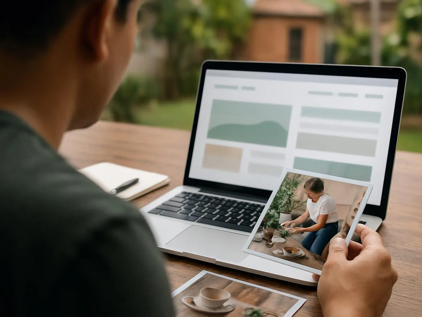 A person reviews a laptop screen while holding a printed photo and sitting at a wooden table outdoors