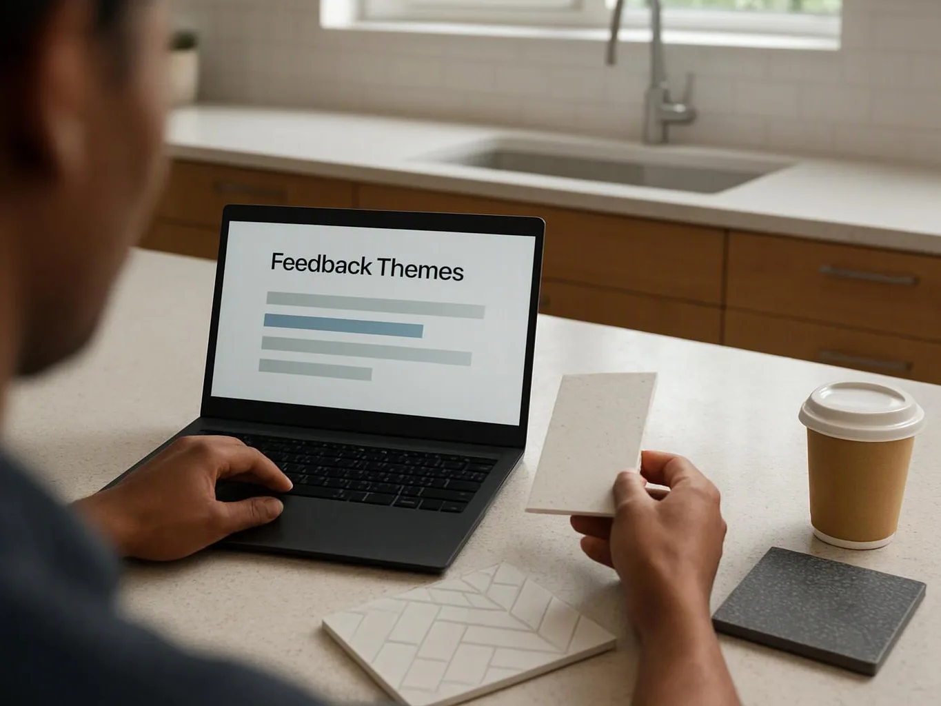 A person reviews a laptop showing “Feedback Themes” while holding a sample card at a kitchen counter