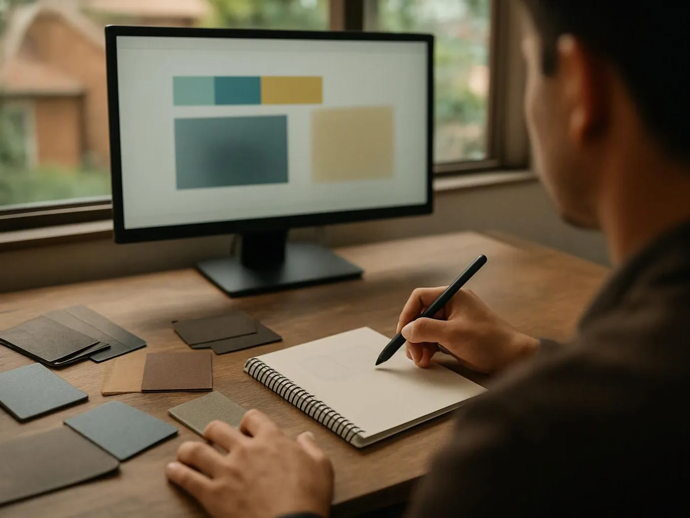 A person sketches in a notebook beside color swatches and a monitor showing simple layout blocks