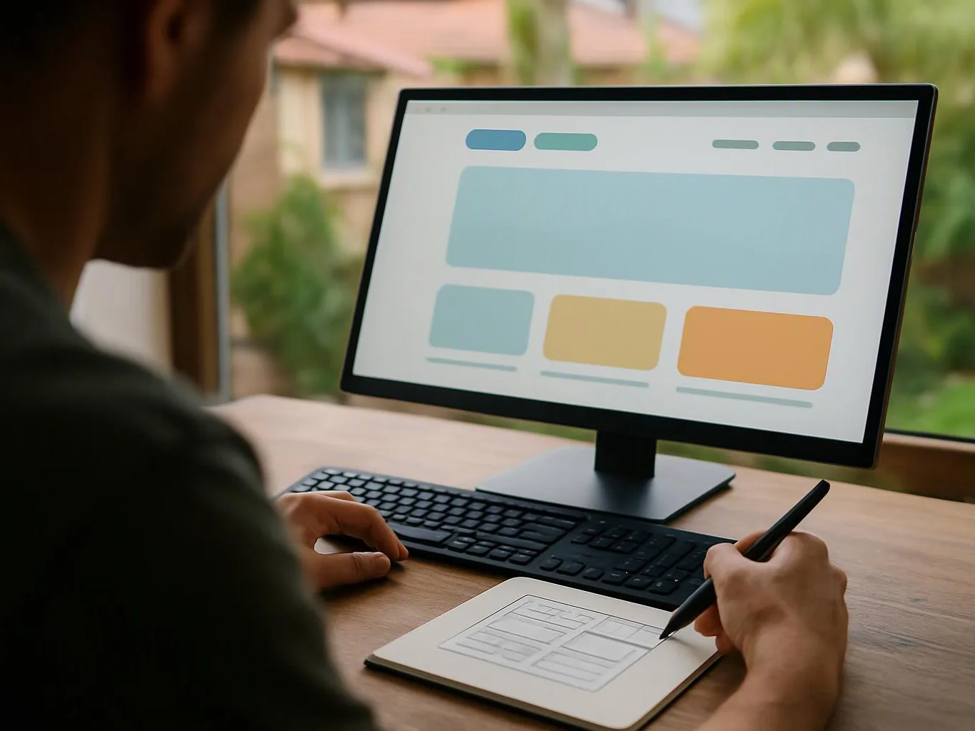 A person sketches a website layout on a tablet beside a monitor showing a simple page mockup