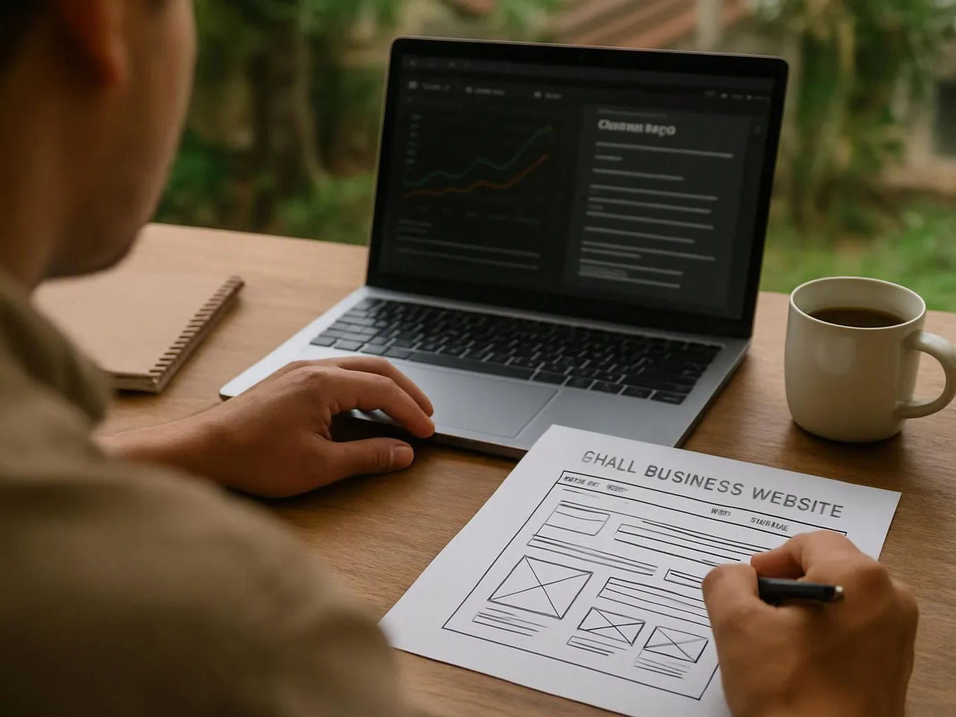 A person sketches a website wireframe beside a laptop and coffee on a wooden desk