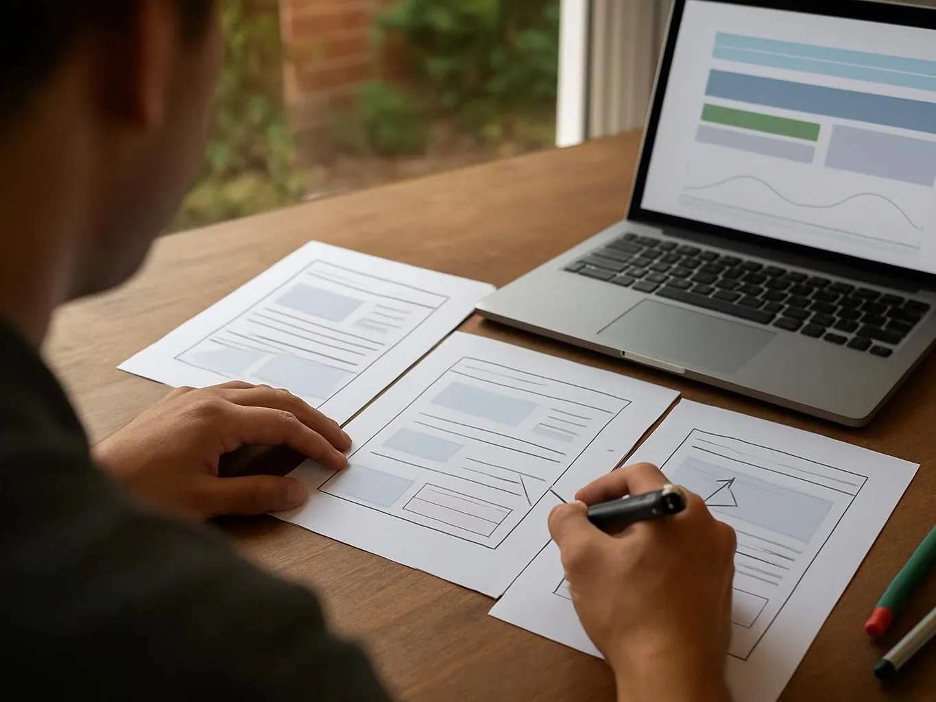 A person sketches website wireframes on paper beside a laptop showing a simple page layout