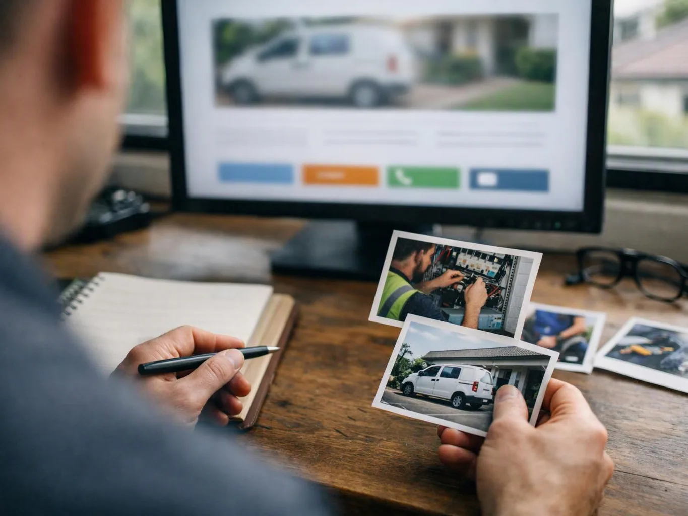 A person studies printed photos of a van and repair work at a desk with a computer screen and notebook