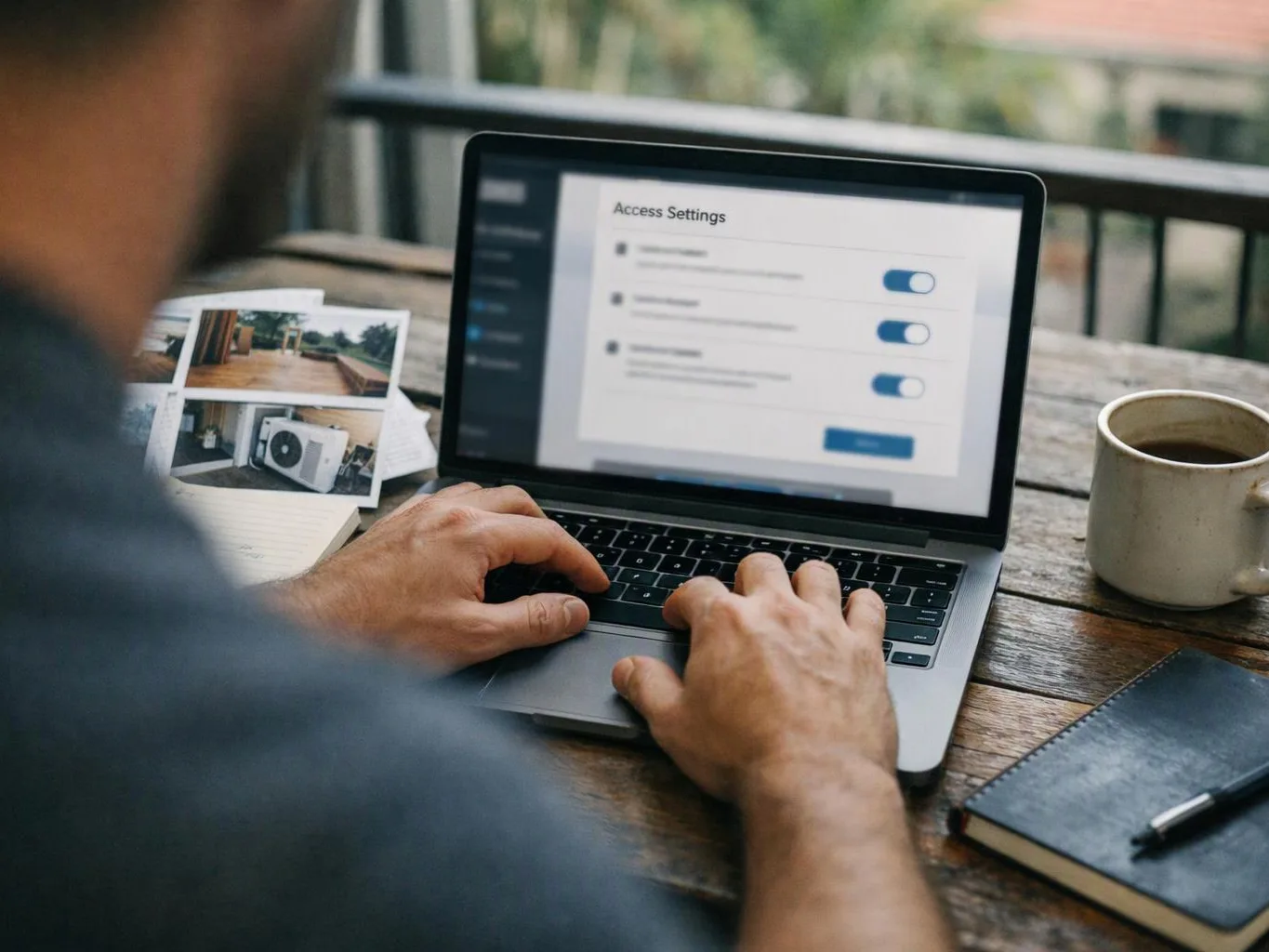 Person typing on a laptop showing Access Settings beside printed photos, a coffee cup, and a notebook on a wooden table