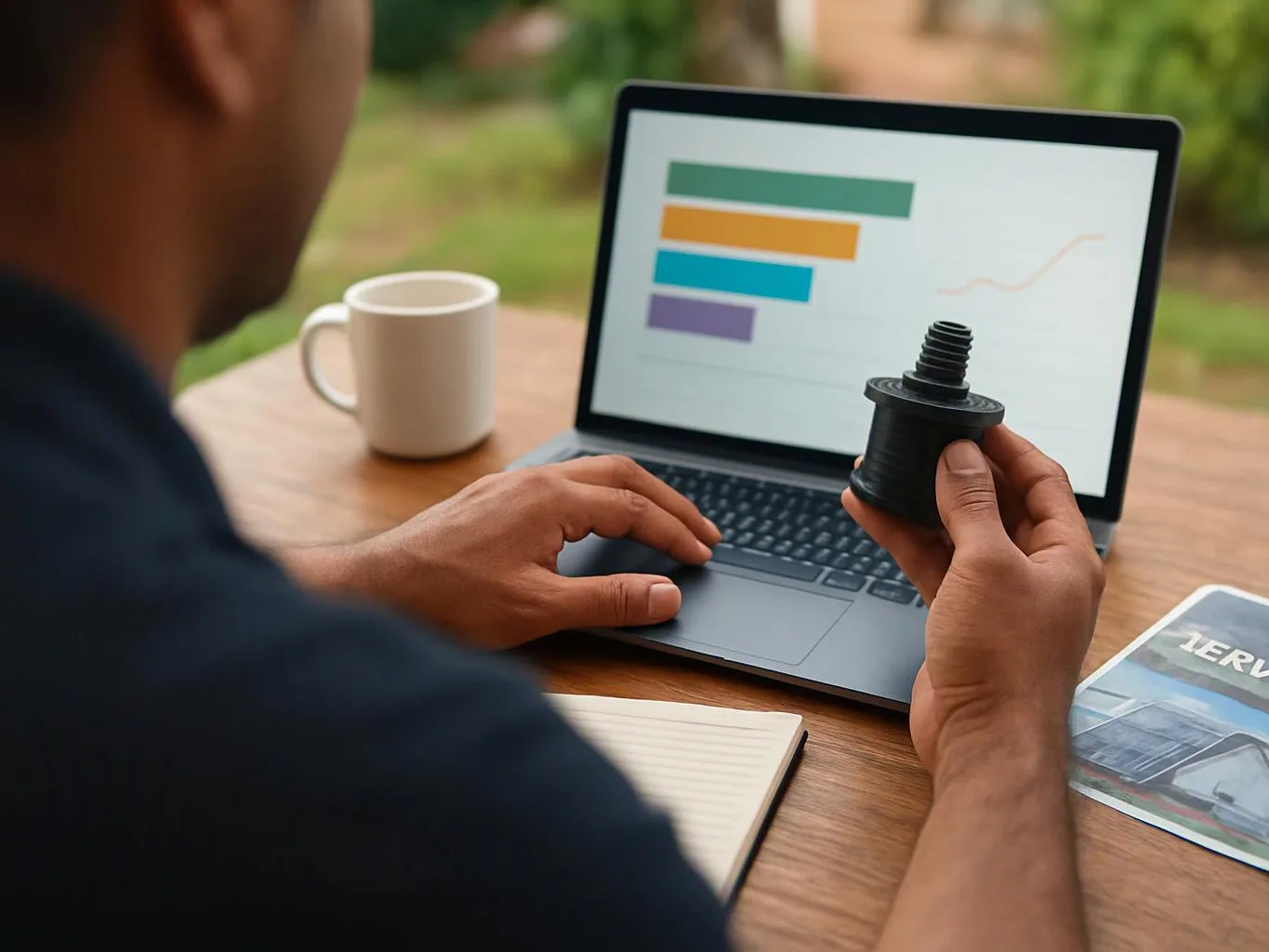 A person uses a laptop at a wooden table while holding a black threaded part, with a mug and notebook nearby