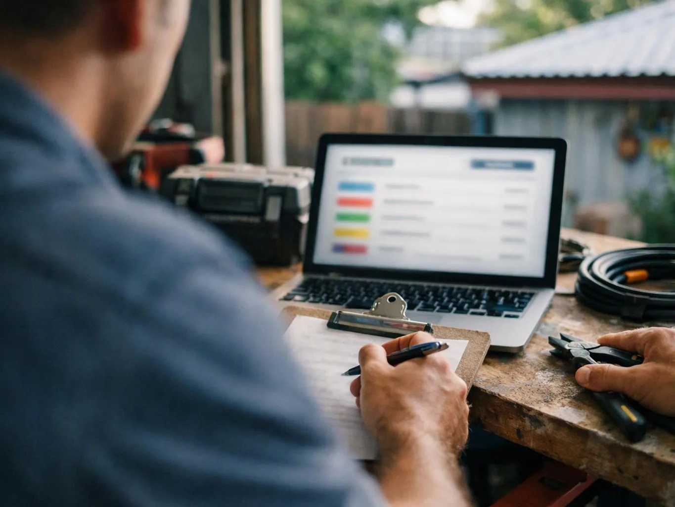 A person writes on a clipboard beside a laptop and hand tools on a wooden workbench