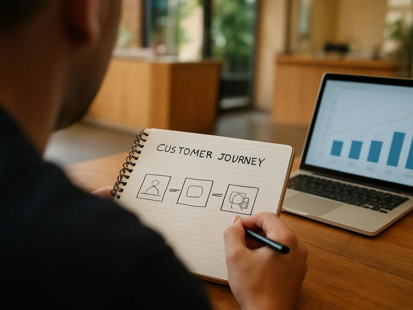 A person writes customer journey sketches in a notebook beside a laptop showing bar charts on a desk