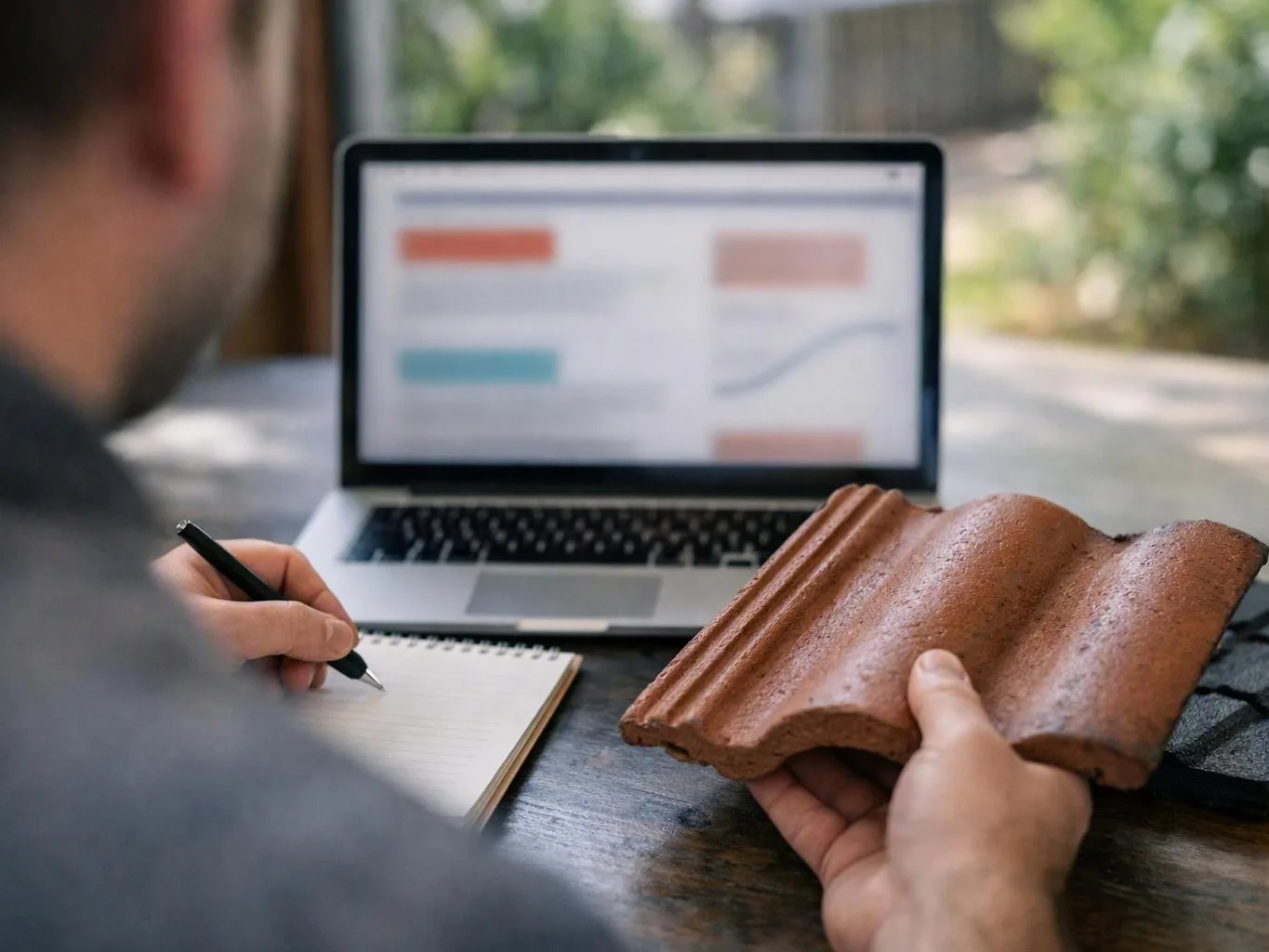 A person writes in a notebook beside a laptop while holding a brown roof tile on a table