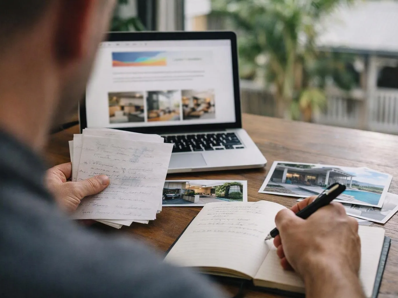 A person writes in a notebook while checking printed photos and handwritten notes beside a laptop on a wooden table