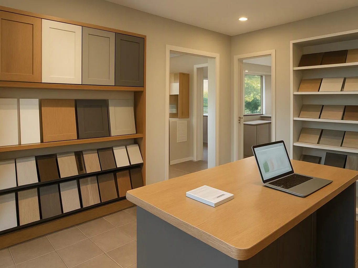 A sample room shows cabinet doors on display shelves, with a laptop and booklet on a wooden table