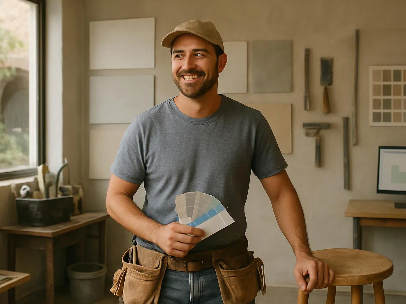 A smiling man in a cap holds paint swatches in a workshop with tools, stools, and sample boards on the wall