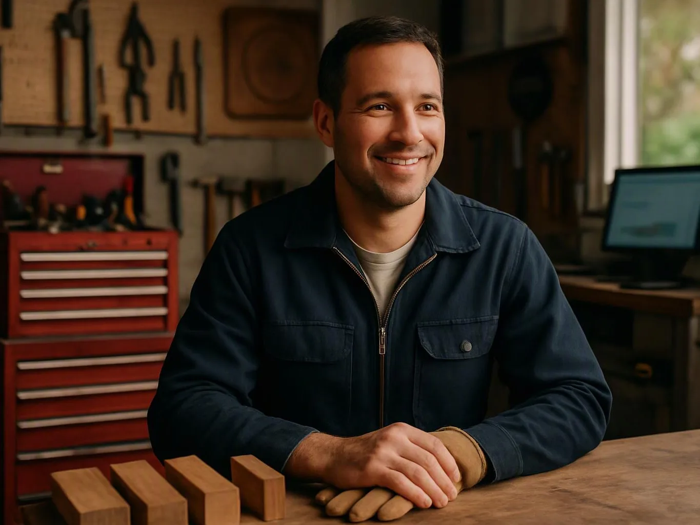 A smiling man sits at a workbench in a tool-filled workshop, resting his hands beside wooden blocks and gloves