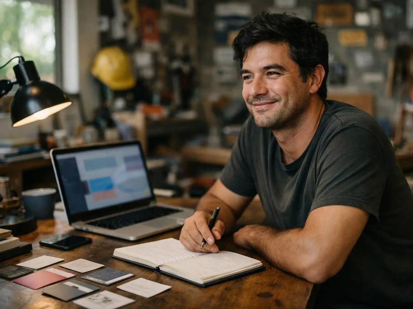 A smiling man writes in a notebook beside a laptop and scattered cards at a wooden desk