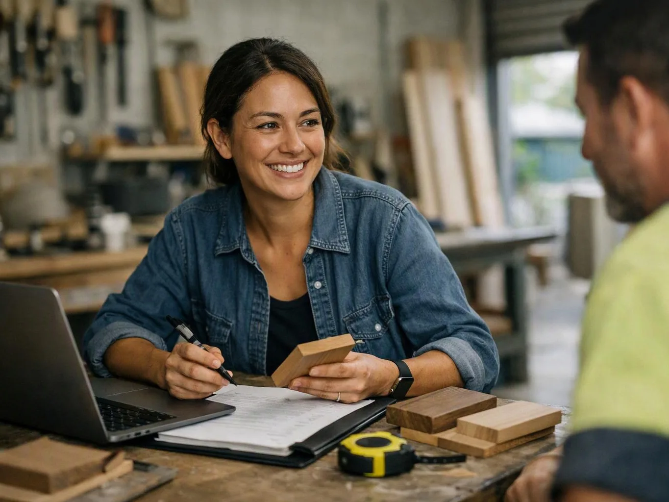 Smiling woman in a workshop writes on a clipboard beside a laptop while holding a wooden sample