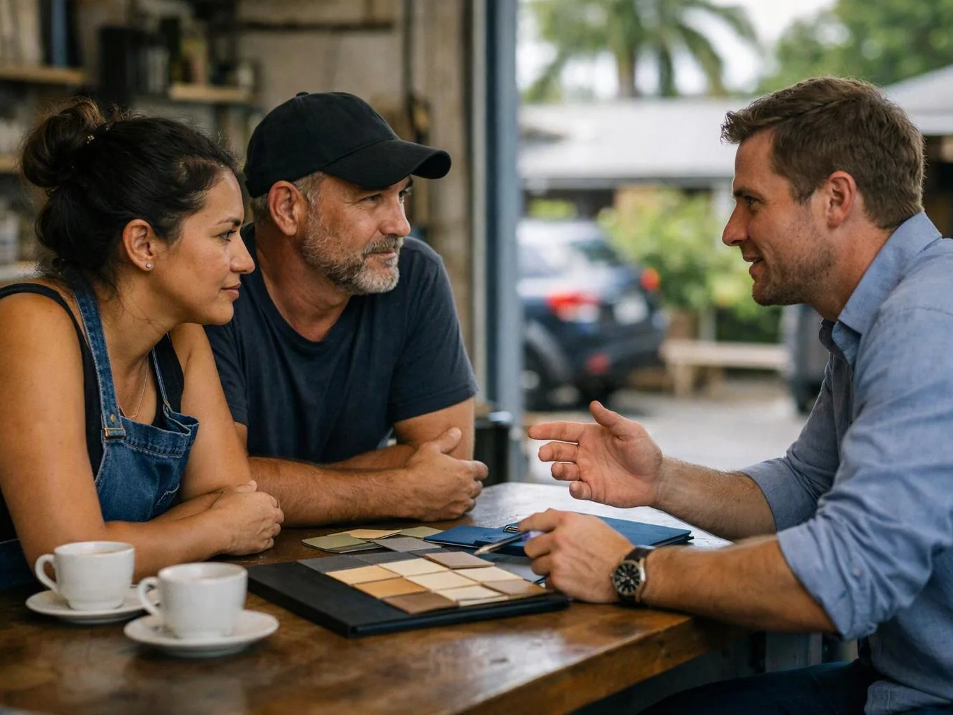 Three people sit at a table, talking over color samples and coffee in a bright cafe