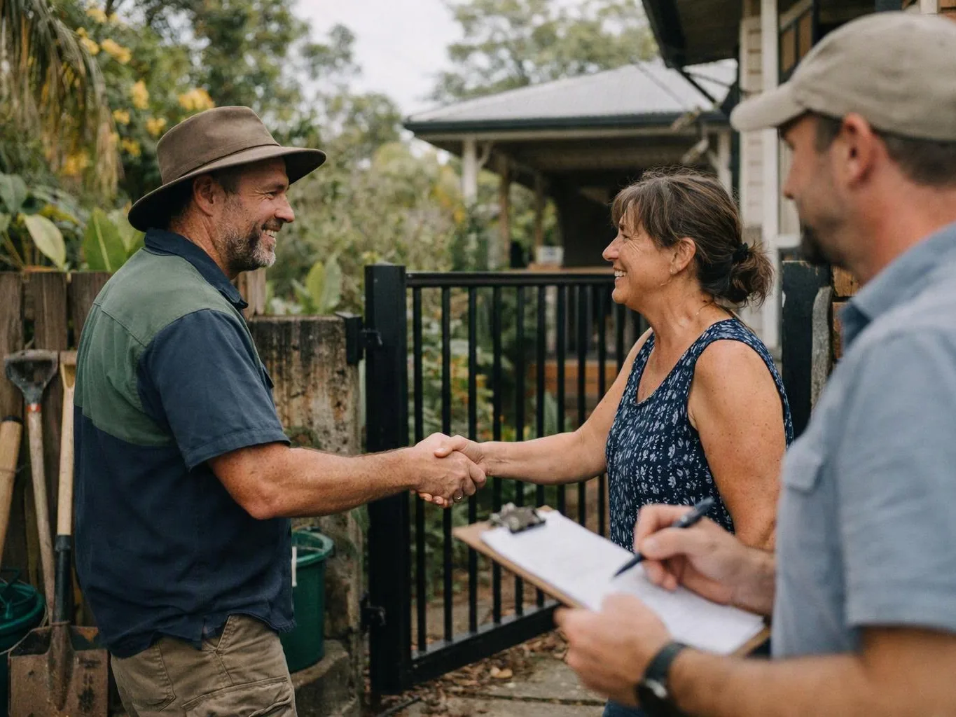 Two adults shake hands by a gate while a third person takes notes nearby in a yard