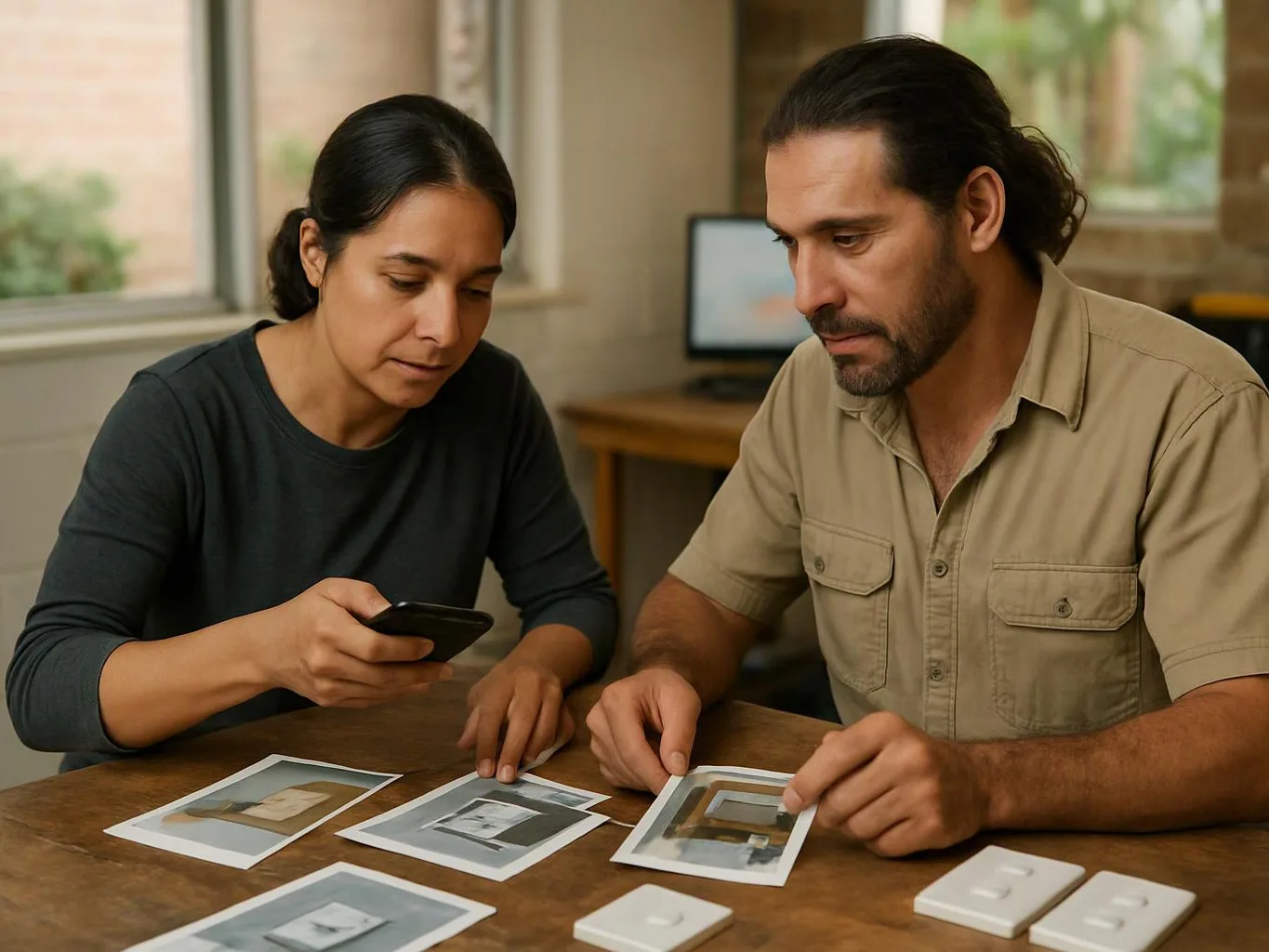 Two adults study printed photos on a wooden table while one checks a phone in a bright room