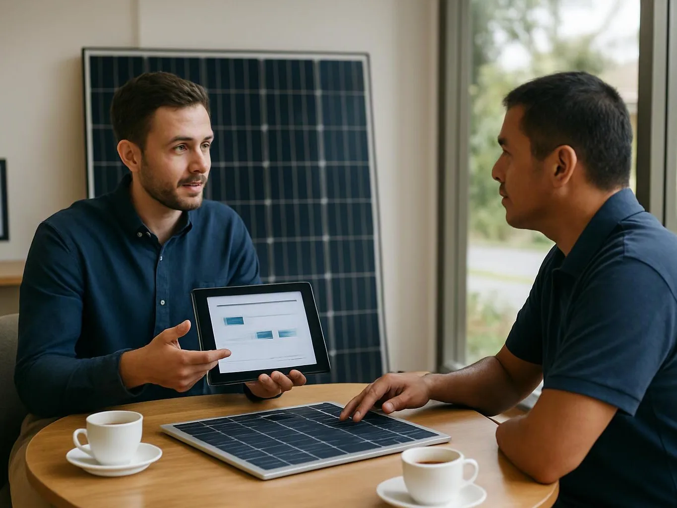 Two men discuss solar panels at a table, one holding a tablet beside coffee cups and a large panel display