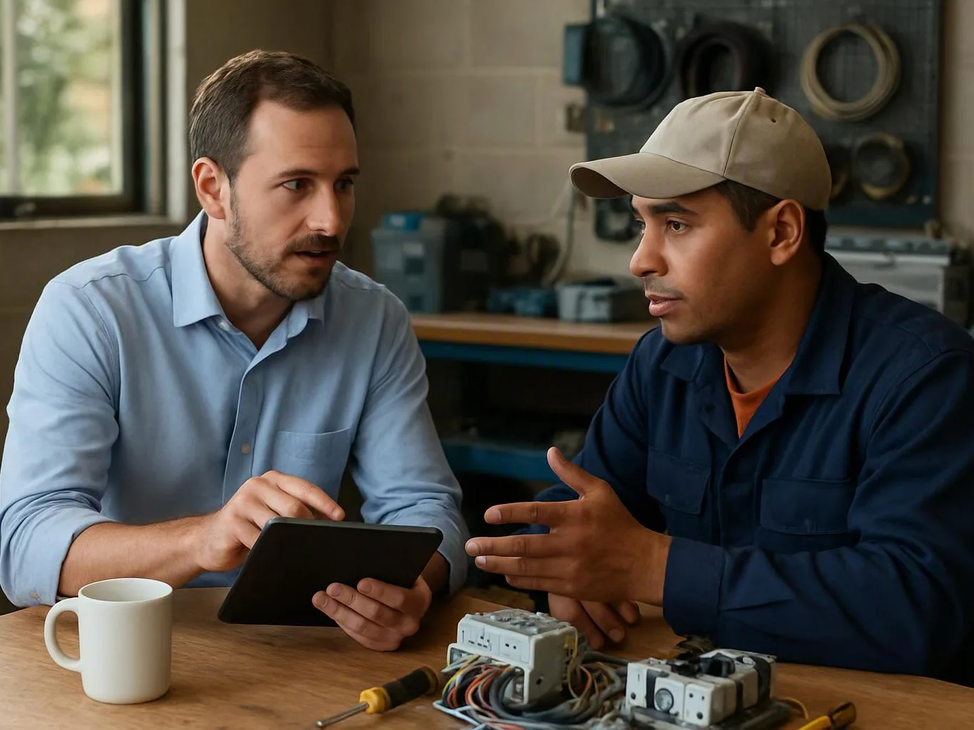 Two men discuss wiring parts at a table, one holding a tablet in a workshop