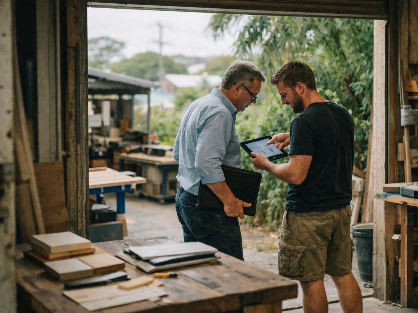 Two men review a tablet together at a workshop doorway, with wooden tables and tools around them