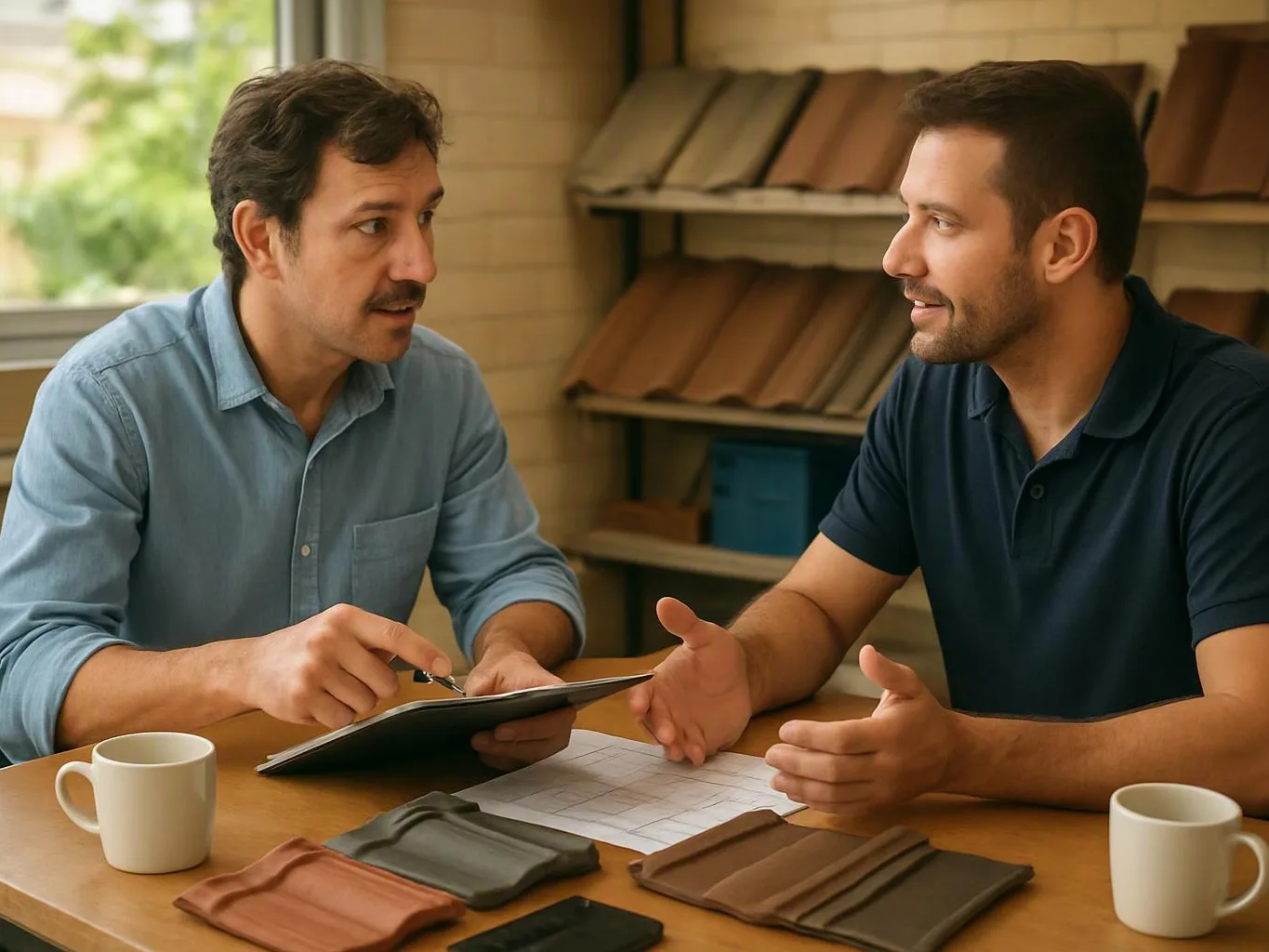 Two men sit at a table discussing roof tile samples and paperwork in a bright workshop
