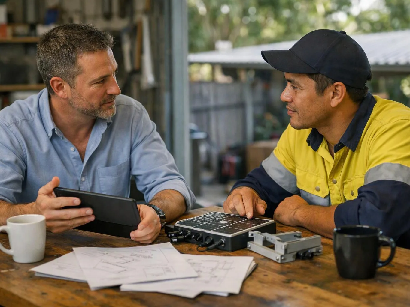 Two men sit at a table, looking at a tablet, papers, and a small electronic device in a workshop
