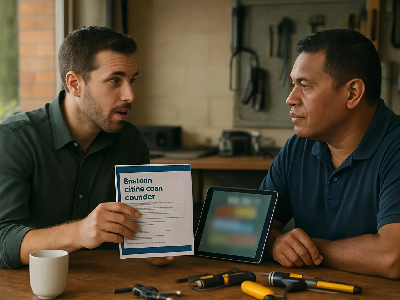 Two men sit at a table in a workshop, one holding a printed document beside a tablet and tools